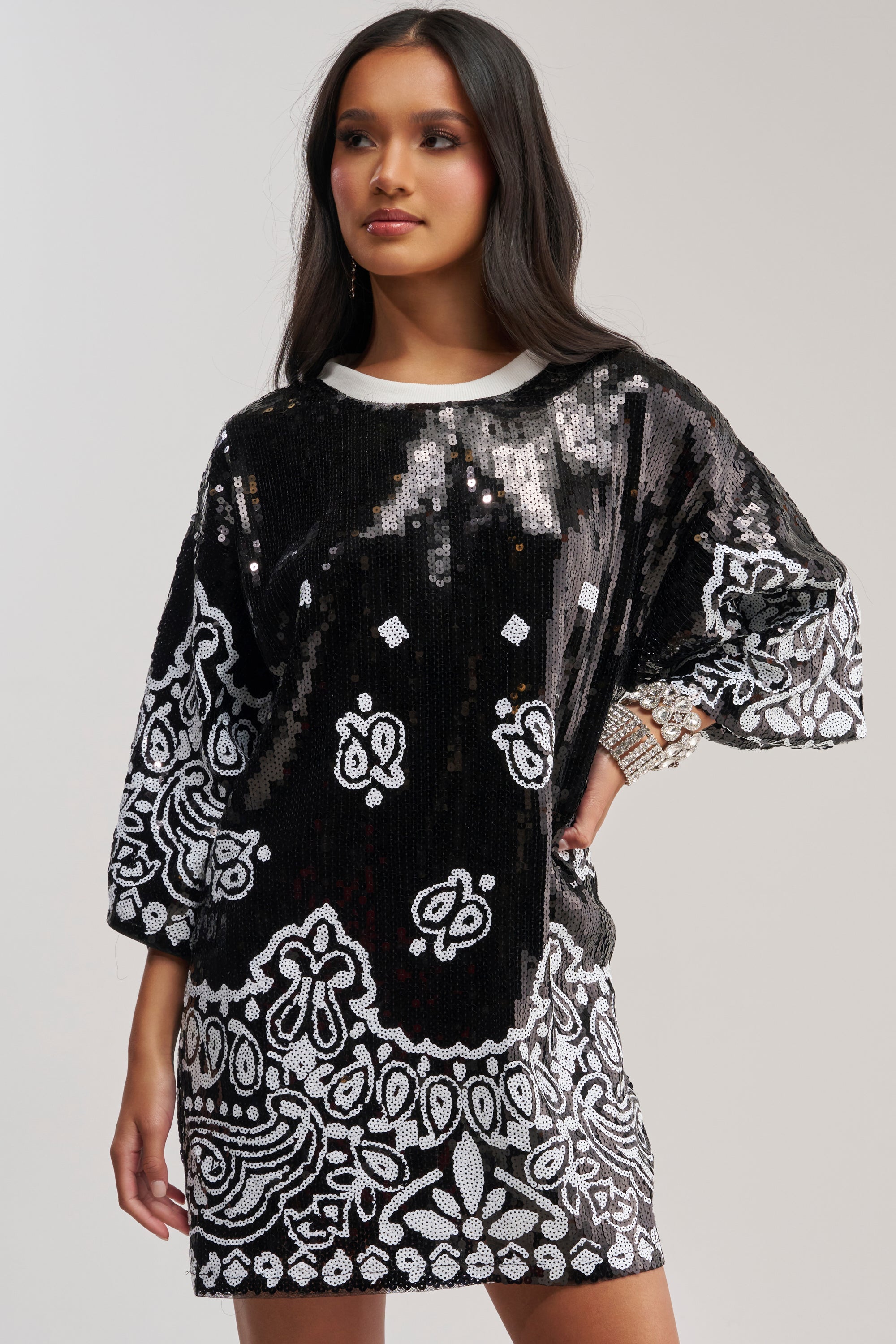 BOUJEE BANDANA SEQUIN MINI DRESS IN BLACK