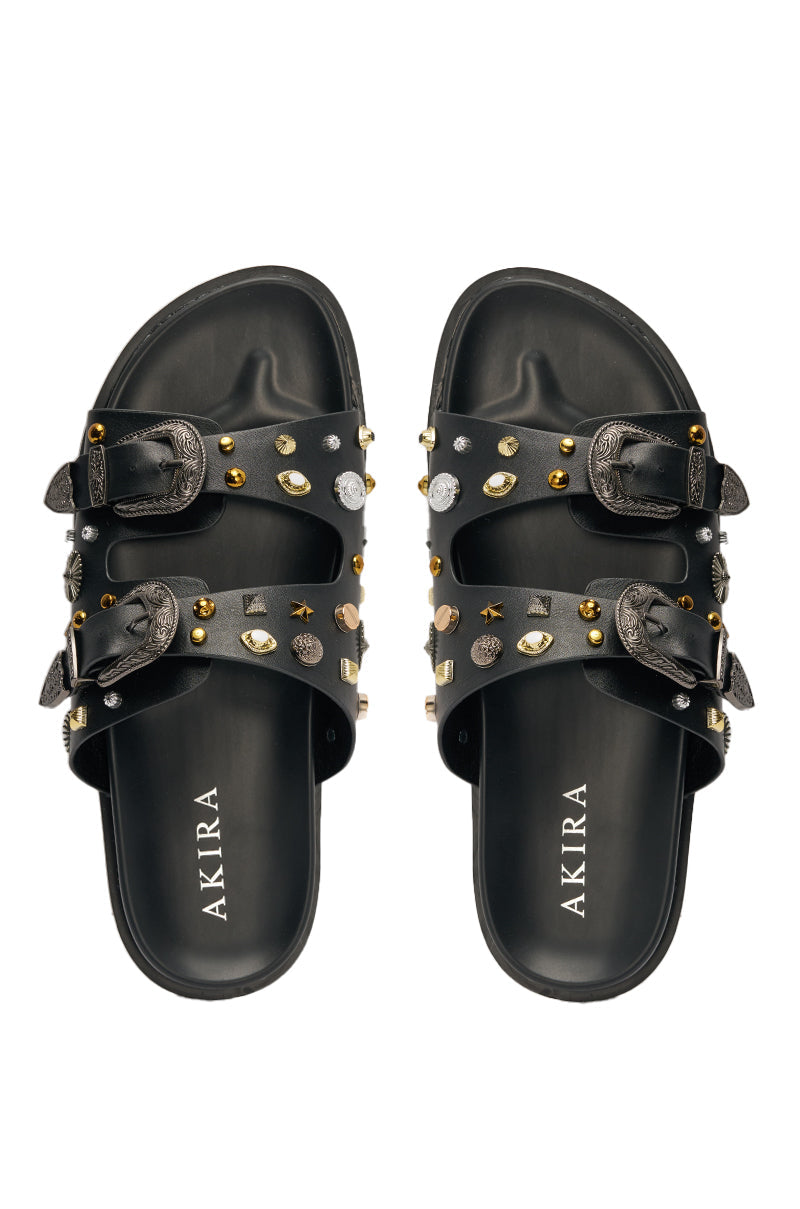 AKIRA BARCLAY BLACK METAL EMBELLISHED SLIP ON FLAT SANDAL