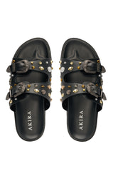 AKIRA BARCLAY BLACK METAL EMBELLISHED SLIP ON FLAT SANDAL