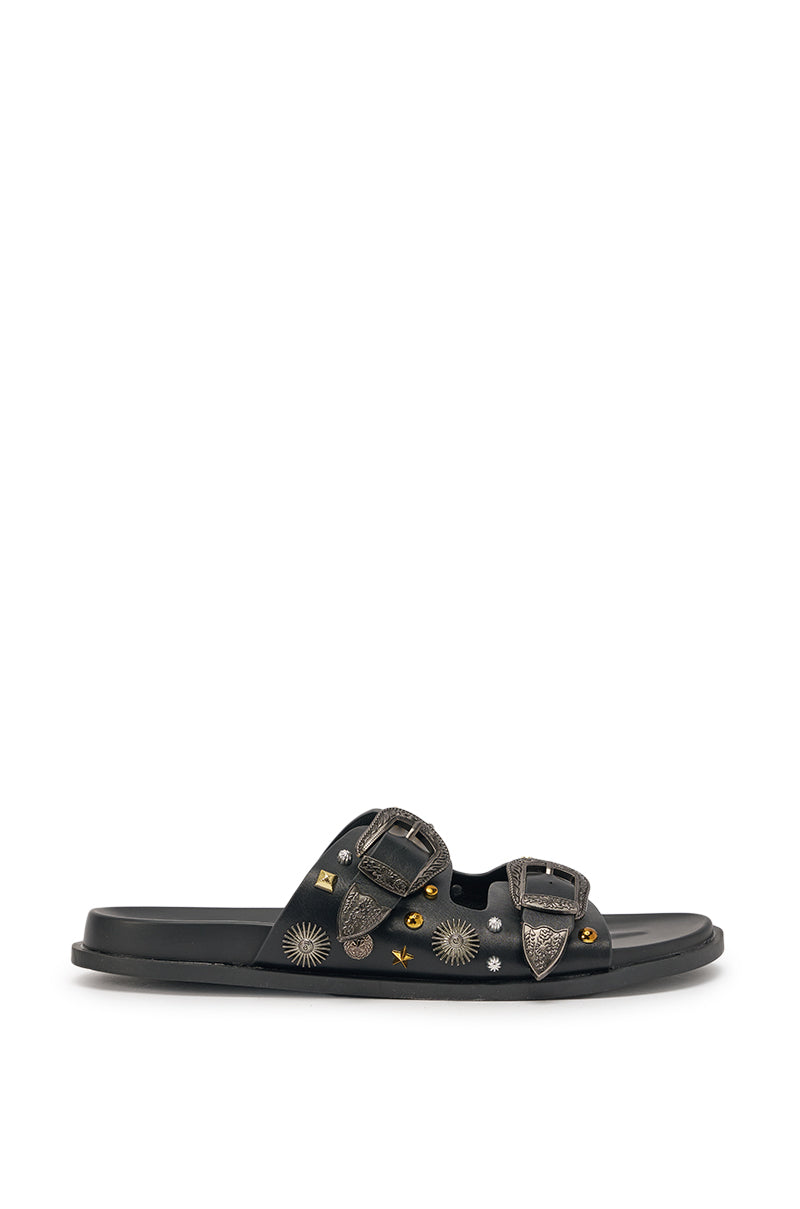 AKIRA BARCLAY BLACK METAL EMBELLISHED SLIP ON FLAT SANDAL