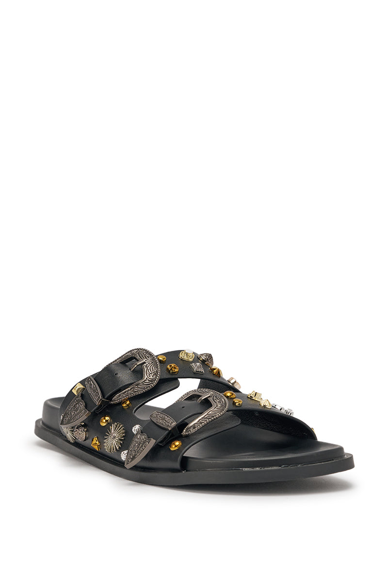 AKIRA BARCLAY BLACK METAL EMBELLISHED SLIP ON FLAT SANDAL