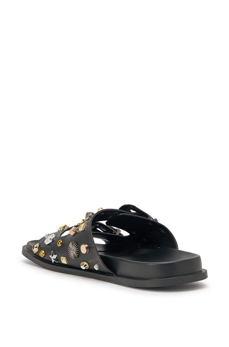 AKIRA BARCLAY BLACK METAL EMBELLISHED SLIP ON FLAT SANDAL