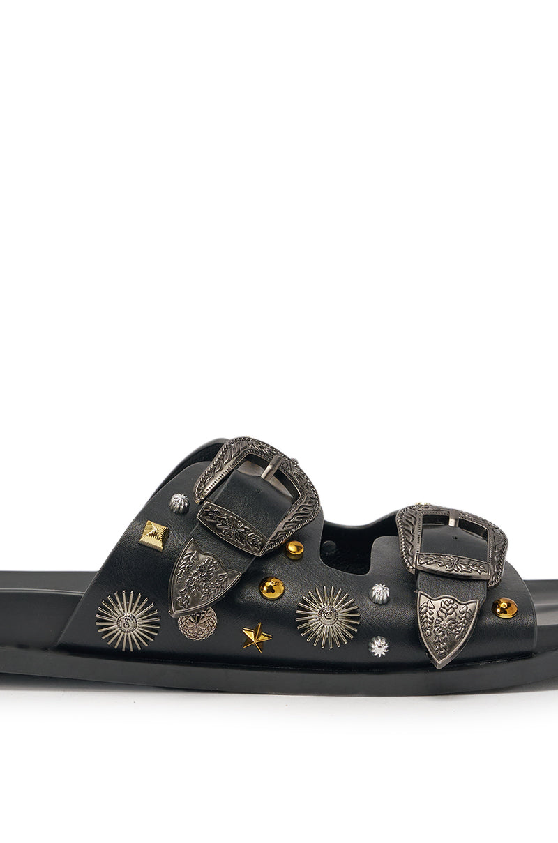 AKIRA BARCLAY BLACK METAL EMBELLISHED SLIP ON FLAT SANDAL