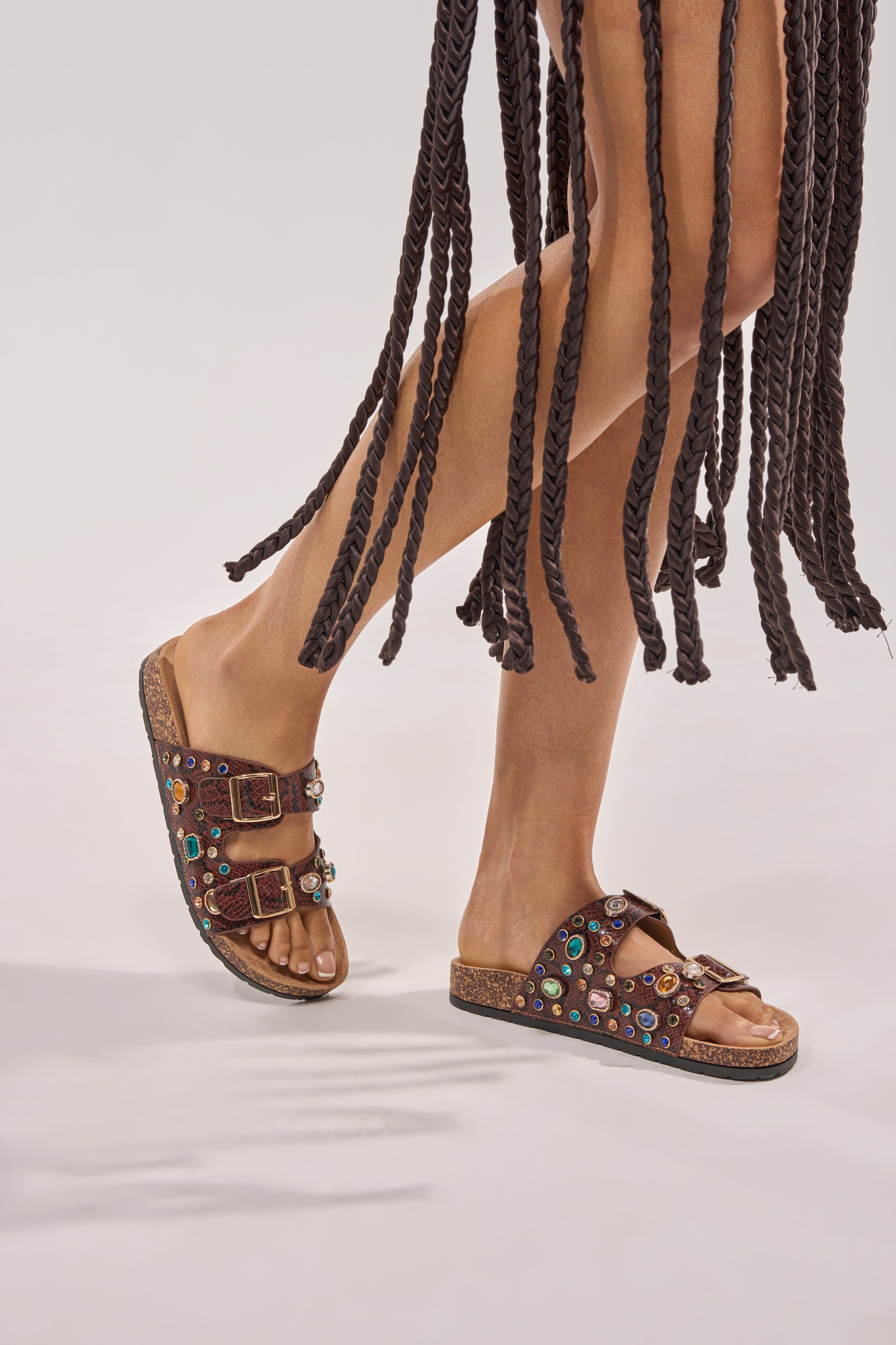 AKIRA BAYLEAVES BROWN SNAKE EMBELLISHED FLAT SLIP ON SANDAL