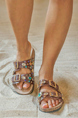 AKIRA BAYLEAVES BROWN SNAKE EMBELLISHED FLAT SLIP ON SANDAL