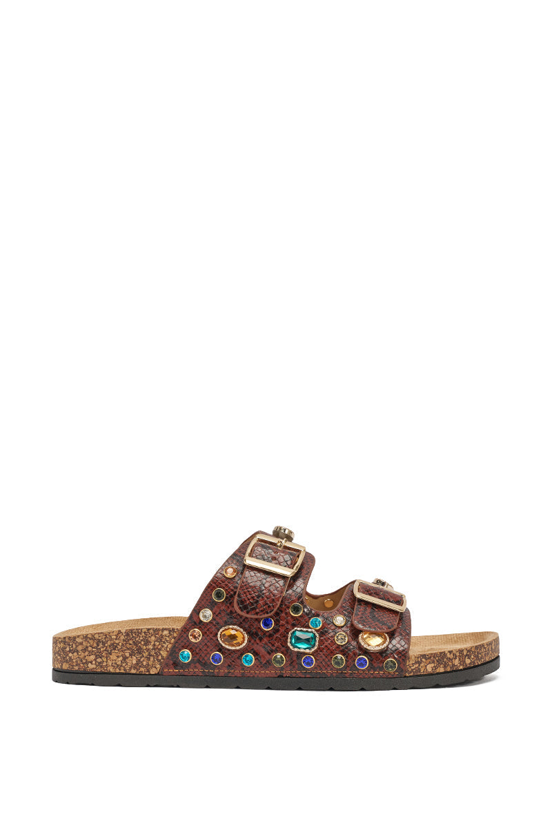 AKIRA BAYLEAVES BROWN SNAKE EMBELLISHED FLAT SLIP ON SANDAL
