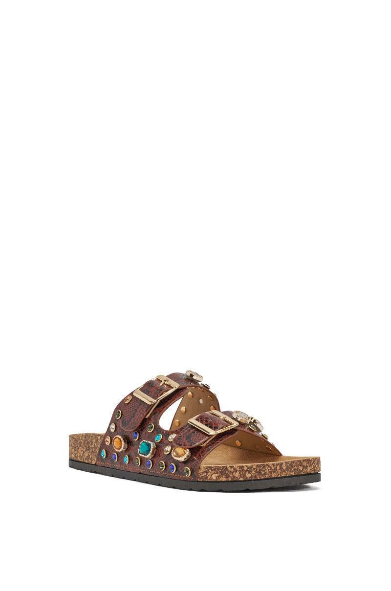 AKIRA BAYLEAVES BROWN SNAKE EMBELLISHED FLAT SLIP ON SANDAL
