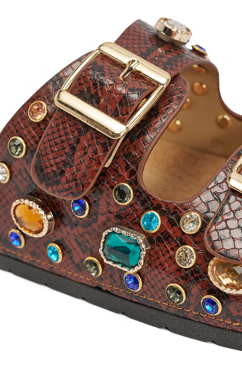 AKIRA BAYLEAVES BROWN SNAKE EMBELLISHED FLAT SLIP ON SANDAL