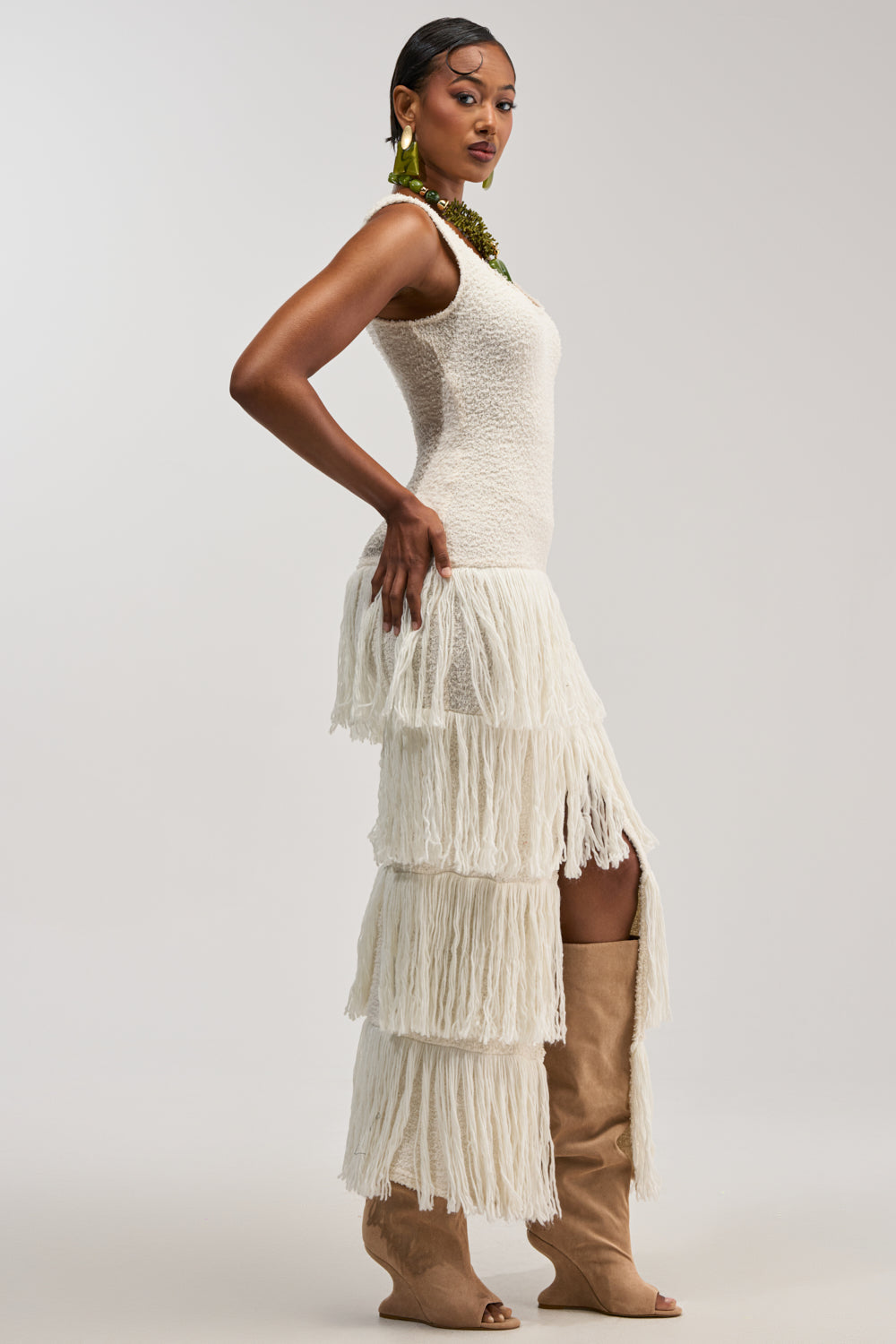 ROGUE HEART KNIT FRINGE MAXI DRESS