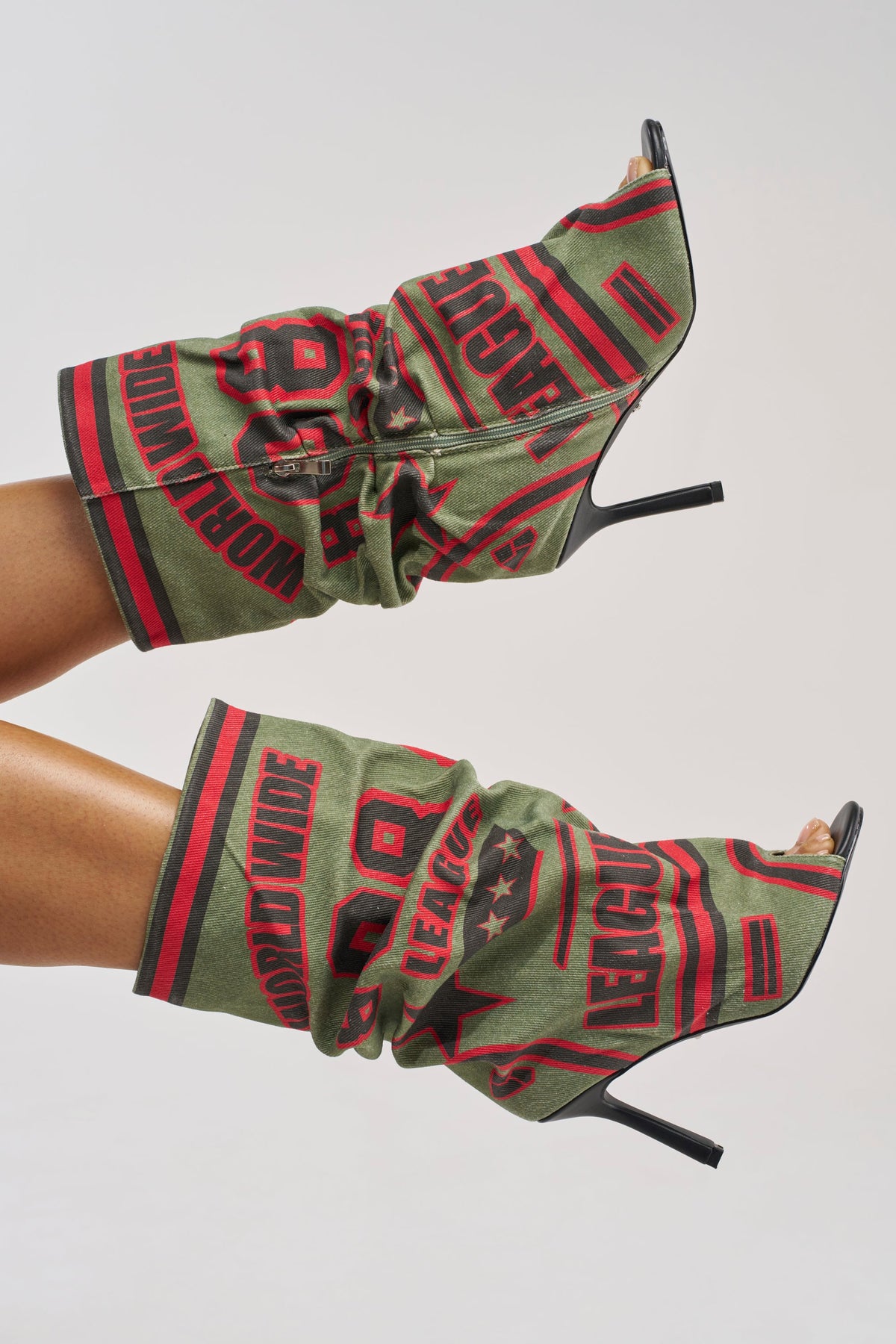 AKIRA GOLD BIG TIME GREEN MULTI CANVAS PRINTED SLOUCH OPEN TOE BOOTIE