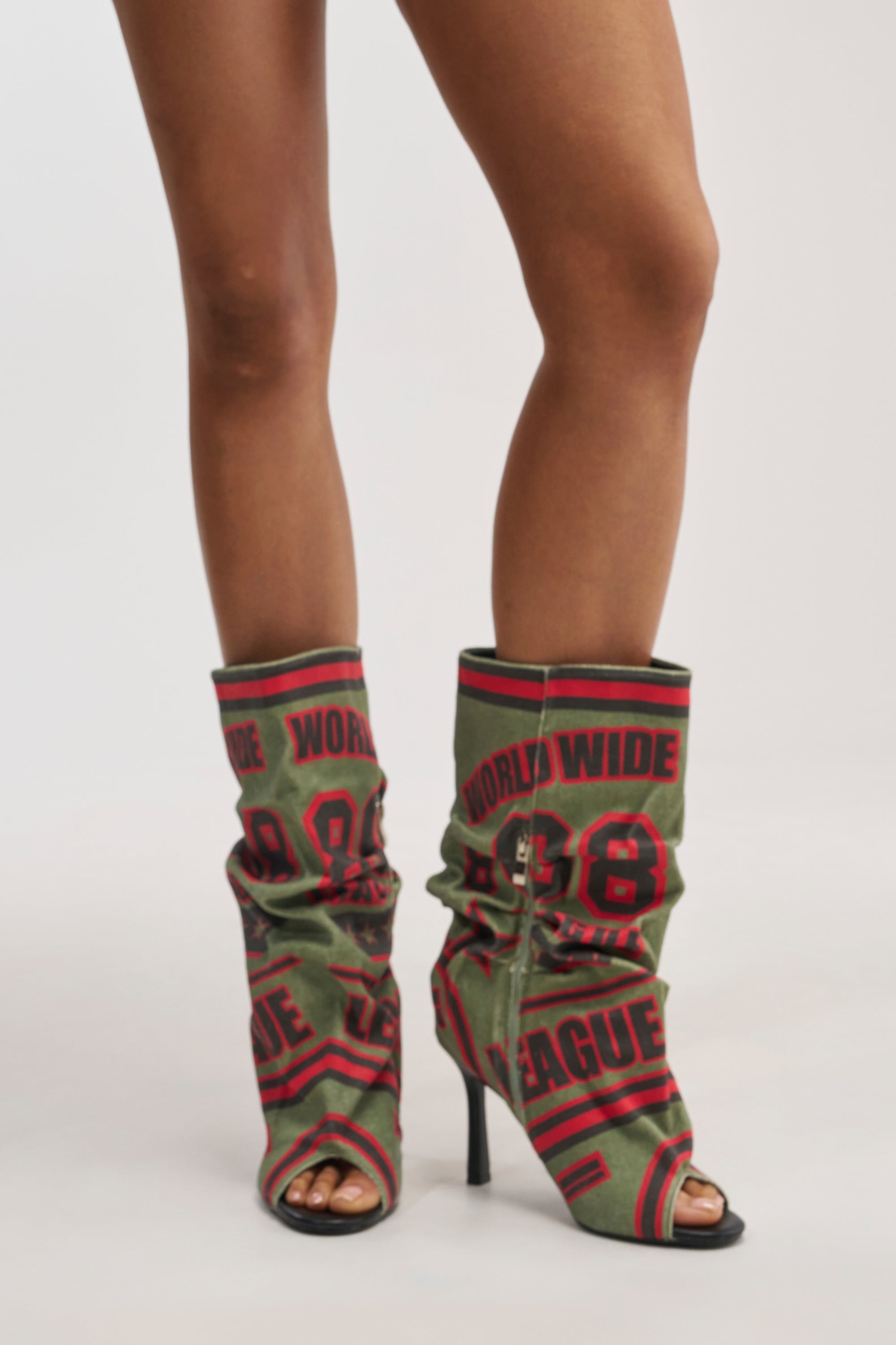 AKIRA GOLD BIG TIME GREEN MULTI CANVAS PRINTED SLOUCH OPEN TOE BOOTIE