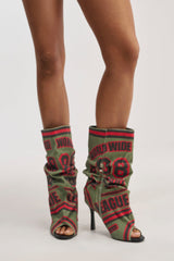 AKIRA GOLD BIG TIME GREEN MULTI CANVAS PRINTED SLOUCH OPEN TOE BOOTIE