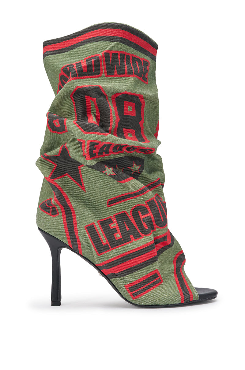 AKIRA GOLD BIG TIME GREEN MULTI CANVAS PRINTED SLOUCH OPEN TOE BOOTIE