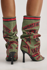 AKIRA GOLD BIG TIME GREEN MULTI CANVAS PRINTED SLOUCH OPEN TOE BOOTIE