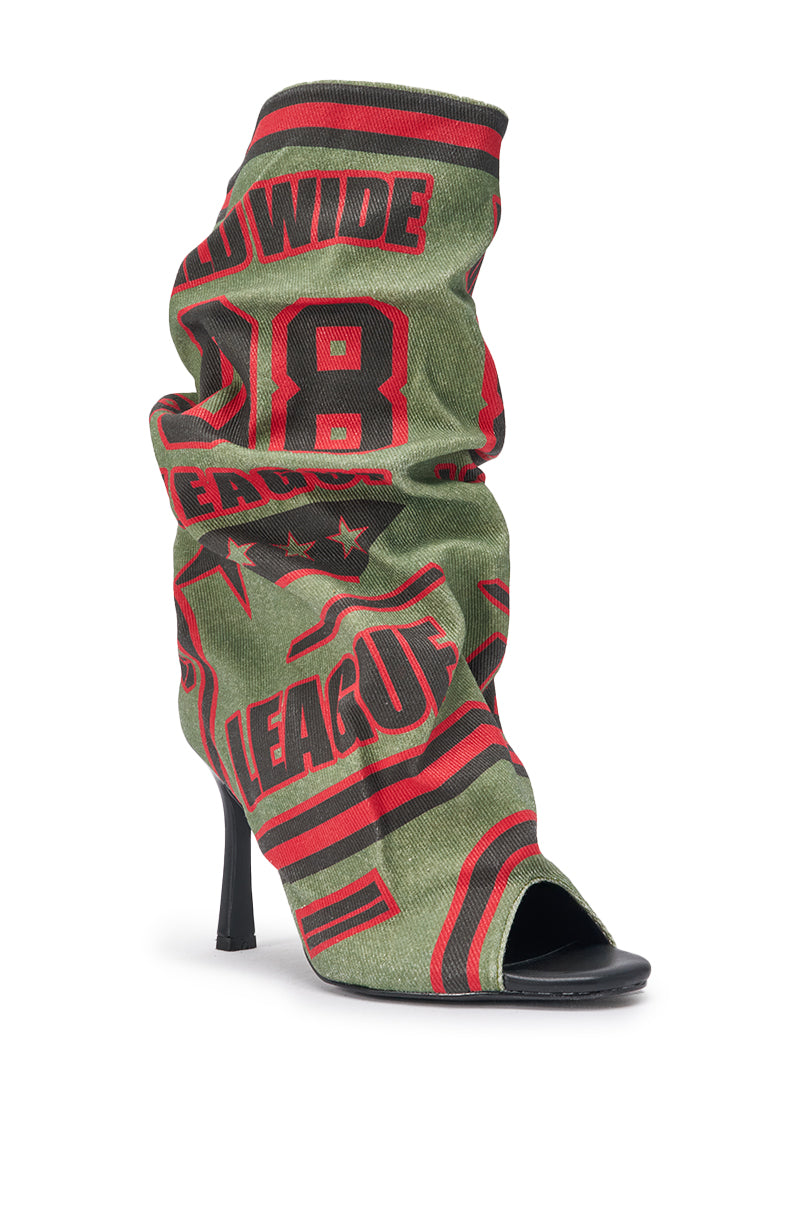 AKIRA GOLD BIG TIME GREEN MULTI CANVAS PRINTED SLOUCH OPEN TOE BOOTIE
