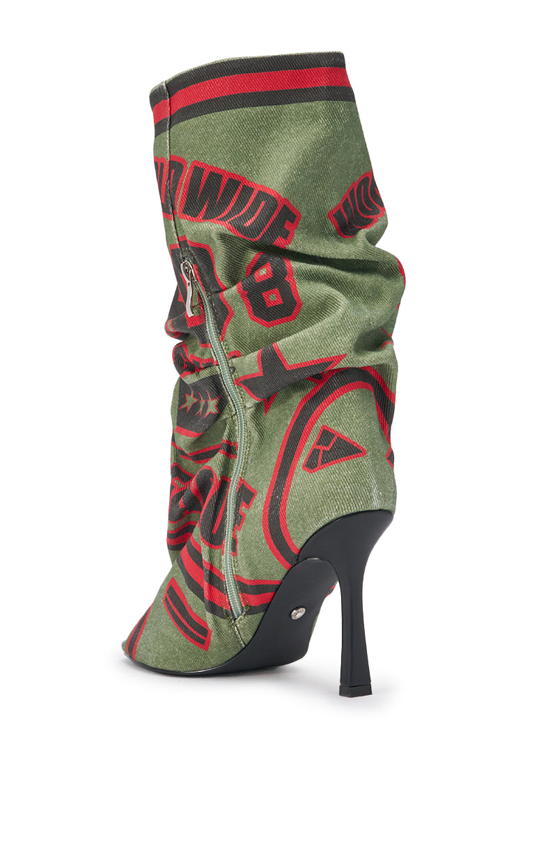 AKIRA GOLD BIG TIME GREEN MULTI CANVAS PRINTED SLOUCH OPEN TOE BOOTIE