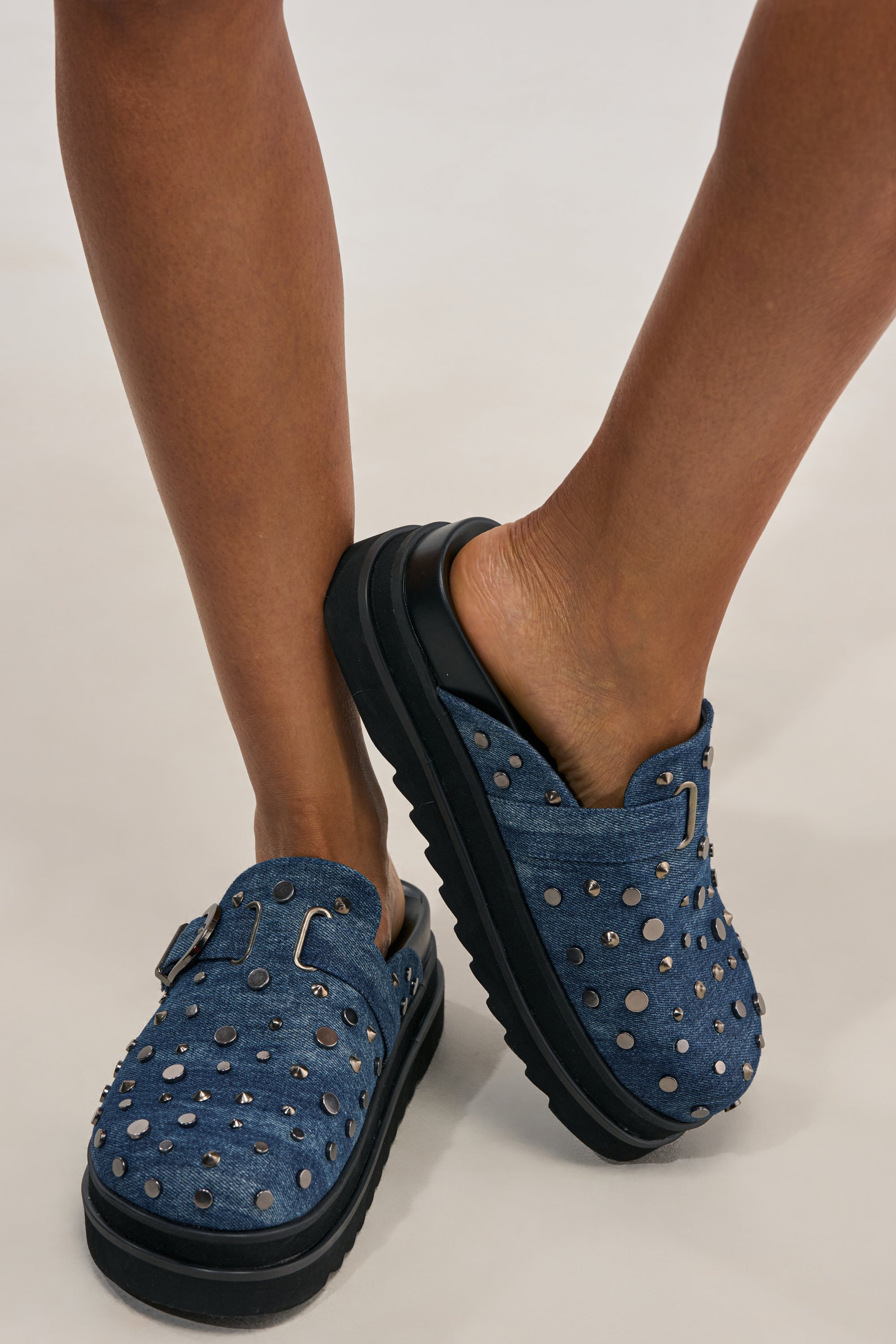 AKIRA GOLD BILLIANNA DENIM FLAT CLOG WITH HARDWARE