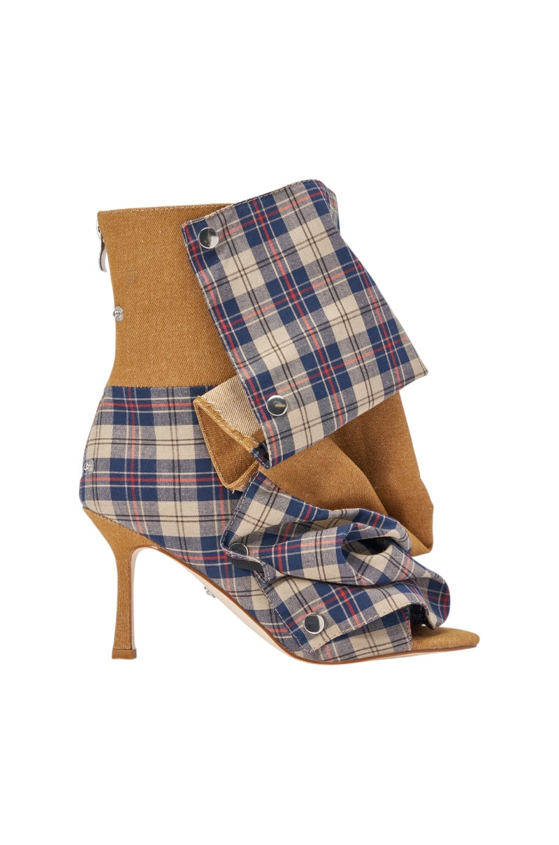 AZALEA WANG BIRD SONG TAUPE PLAID MULTI OPEN TOE BOOTIE