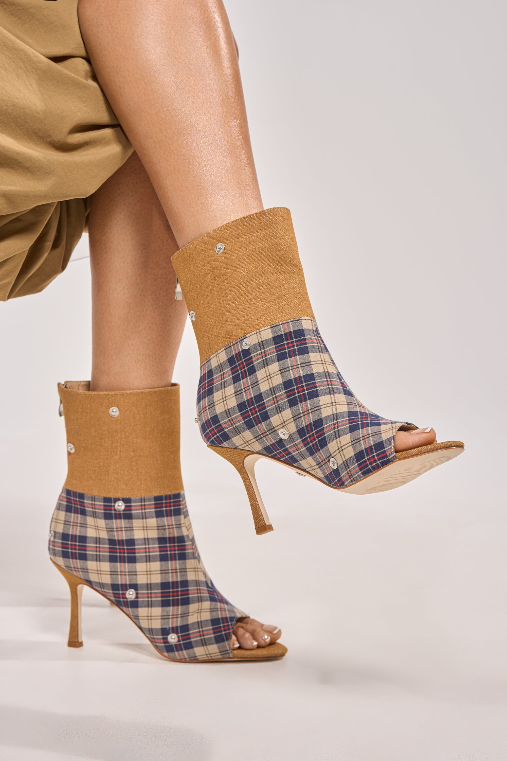 AZALEA WANG BIRD SONG TAUPE PLAID MULTI OPEN TOE BOOTIE