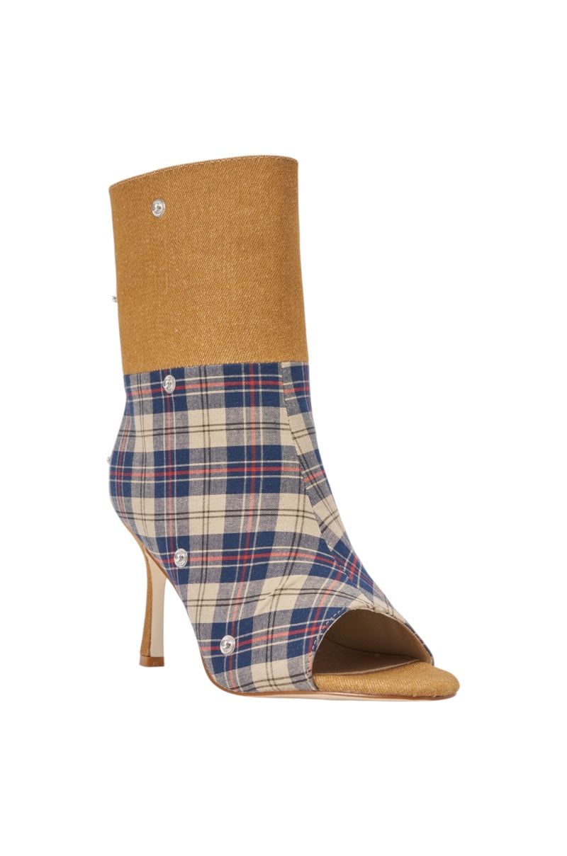 AZALEA WANG BIRD SONG TAUPE PLAID MULTI OPEN TOE BOOTIE
