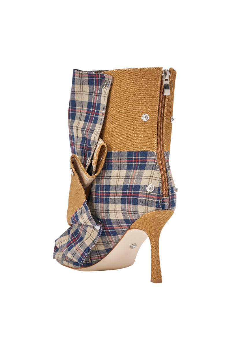AZALEA WANG BIRD SONG TAUPE PLAID MULTI OPEN TOE BOOTIE