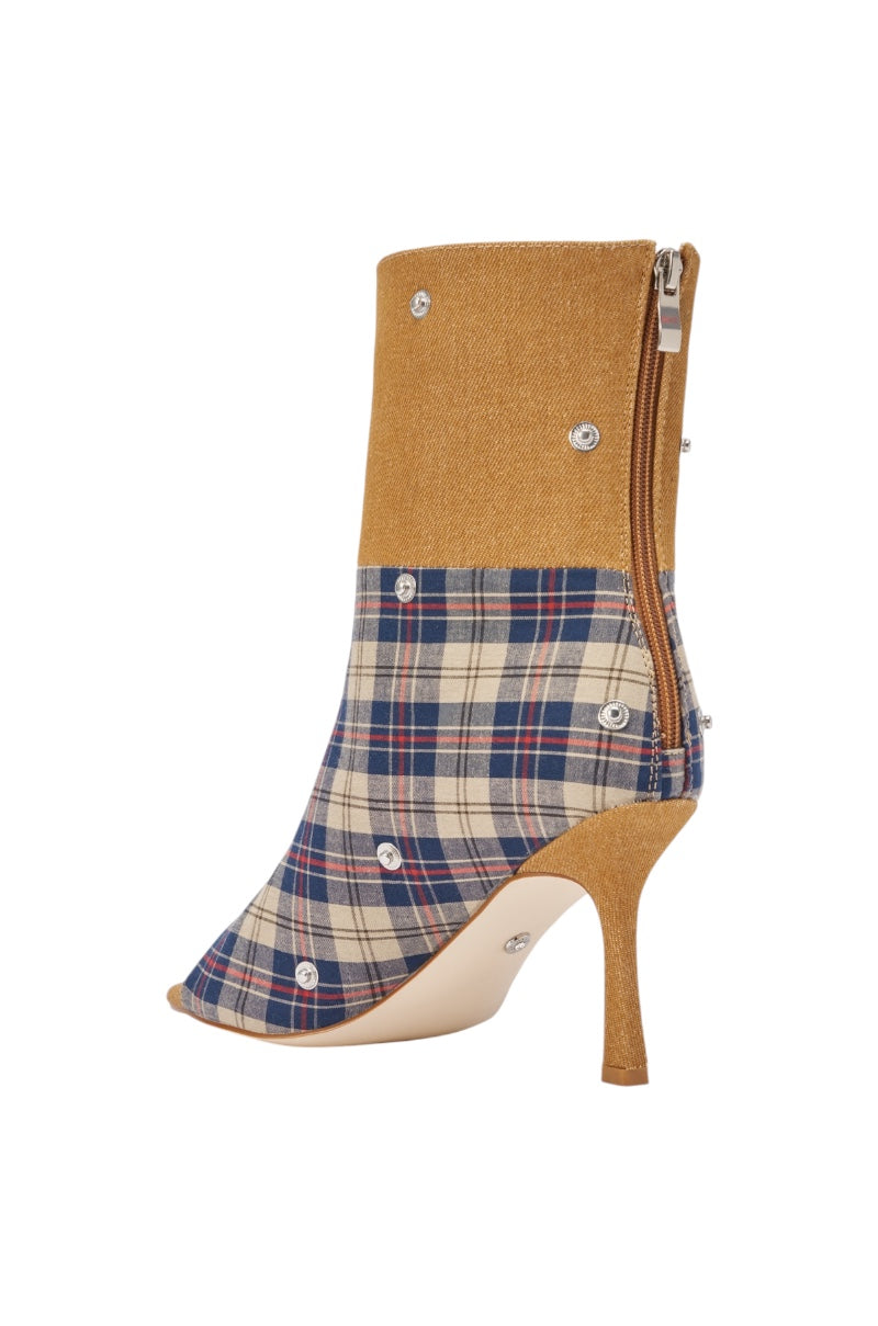 AZALEA WANG BIRD SONG TAUPE PLAID MULTI OPEN TOE BOOTIE