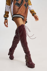 AKIRA GOLD BLITZEN BURGUNDY THIGH HIGH PLATFORM CROC BOOT