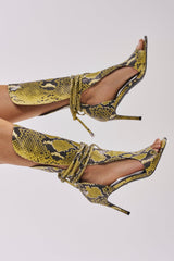 AZALEA WANG BOCKER YELLOW SNAKE STILETTO LACE UP TALL SHAFT SANDAL