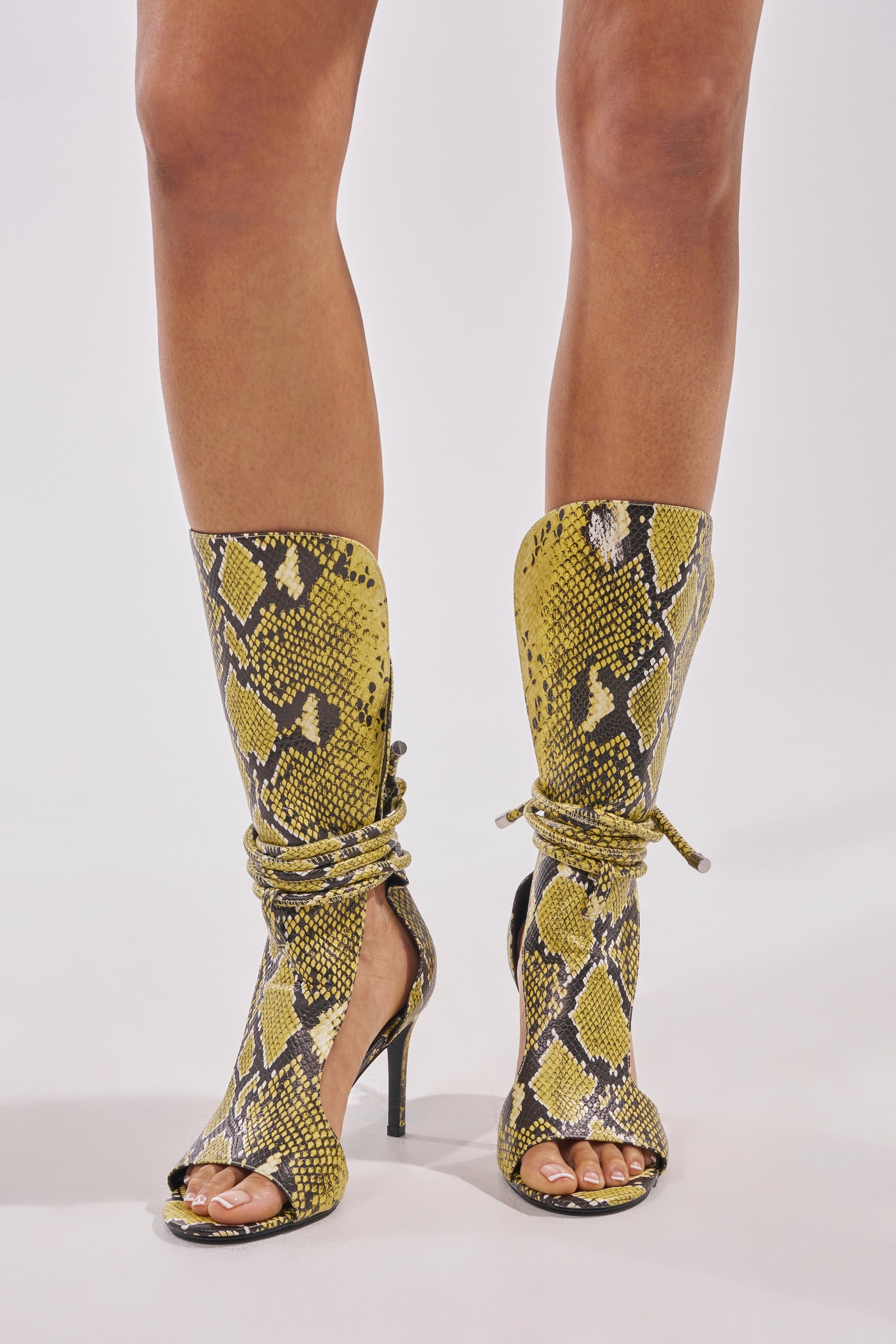 AZALEA WANG BOCKER YELLOW SNAKE STILETTO LACE UP TALL SHAFT SANDAL