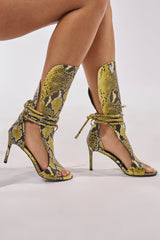 AZALEA WANG BOCKER YELLOW SNAKE STILETTO LACE UP TALL SHAFT SANDAL