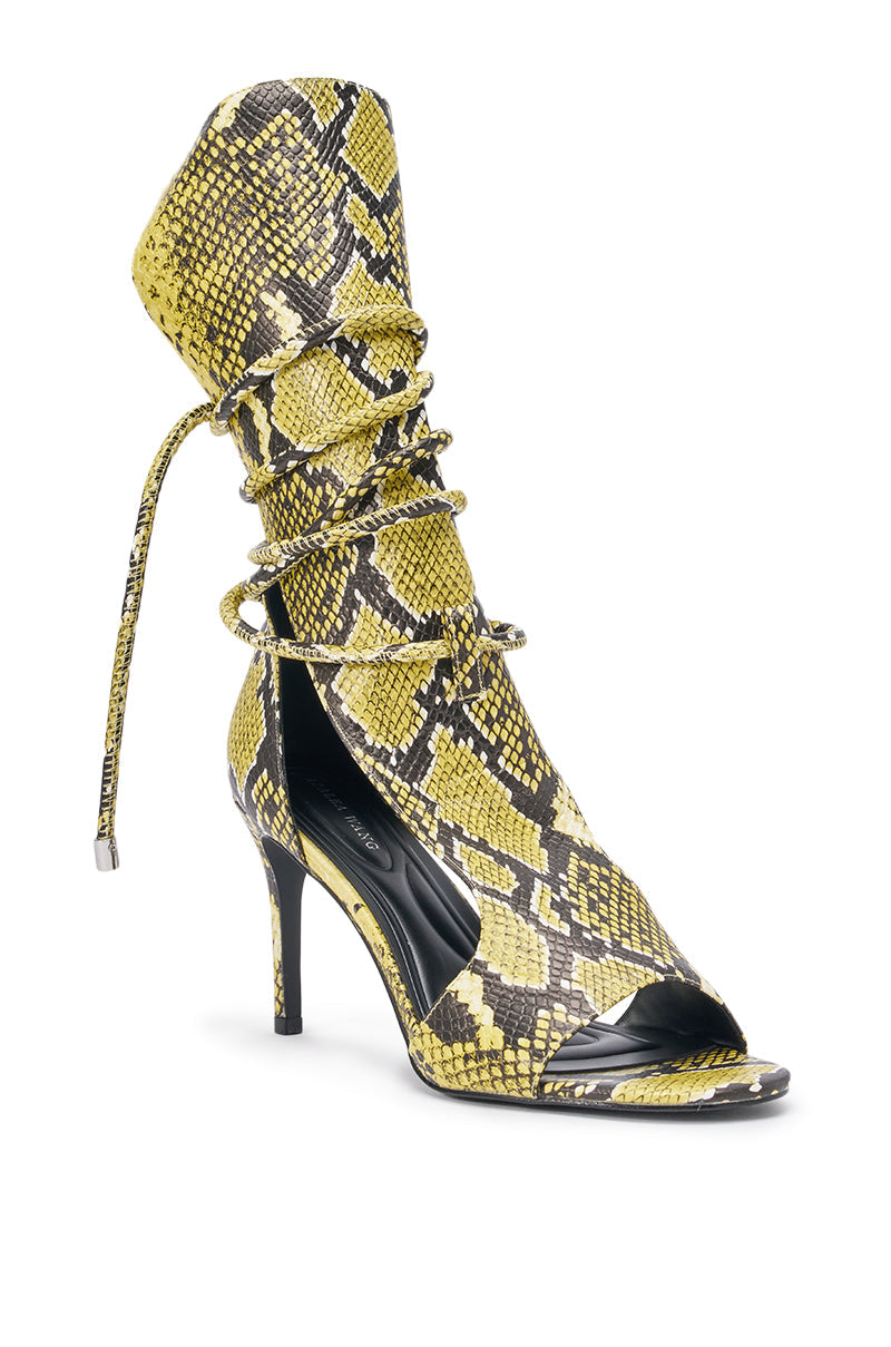 AZALEA WANG BOCKER YELLOW SNAKE STILETTO LACE UP TALL SHAFT SANDAL