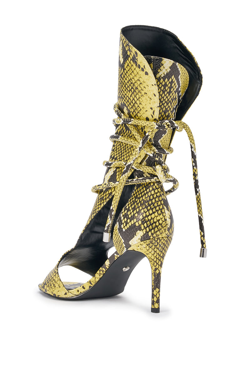 AZALEA WANG BOCKER YELLOW SNAKE STILETTO LACE UP TALL SHAFT SANDAL