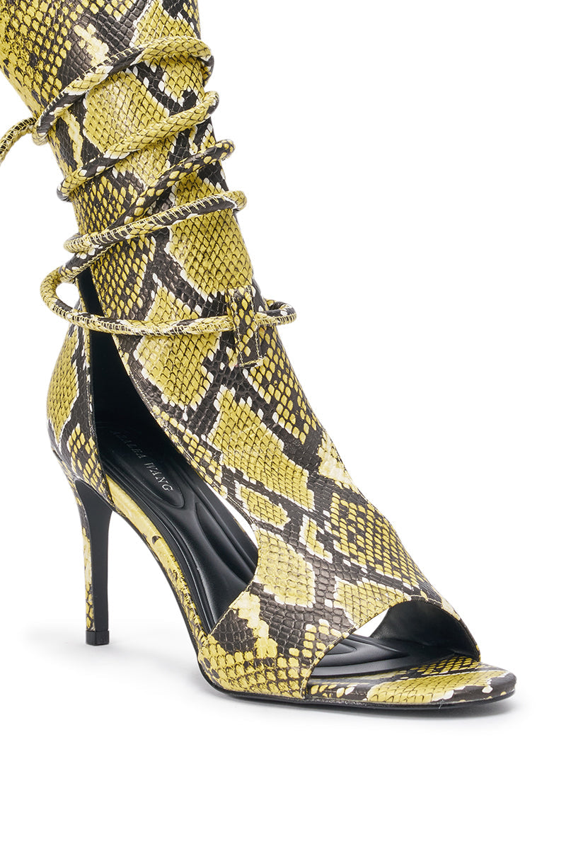 AZALEA WANG BOCKER YELLOW SNAKE STILETTO LACE UP TALL SHAFT SANDAL