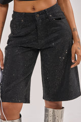 BLING BLING RHINESTONE BERMUDA DENIM SHORT IN BLACK