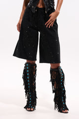 BLING BLING RHINESTONE BERMUDA DENIM SHORT IN BLACK