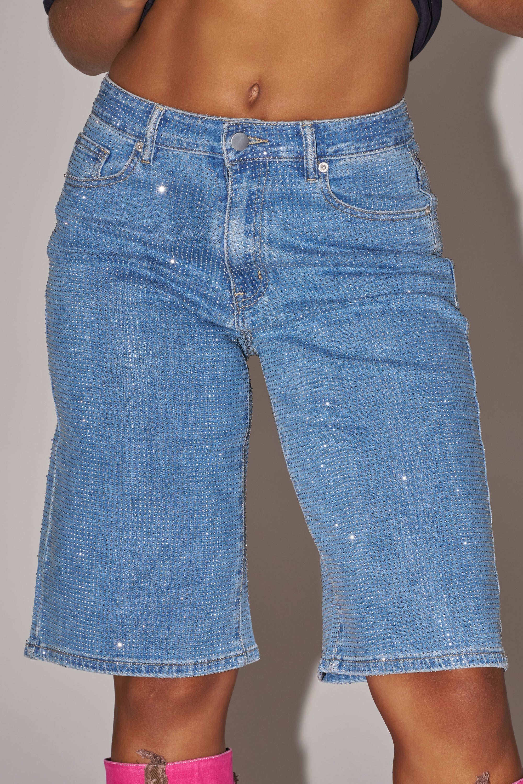 BLING BLING RHINESTONE DARK BLUE DENIM BERMUDA SHORT