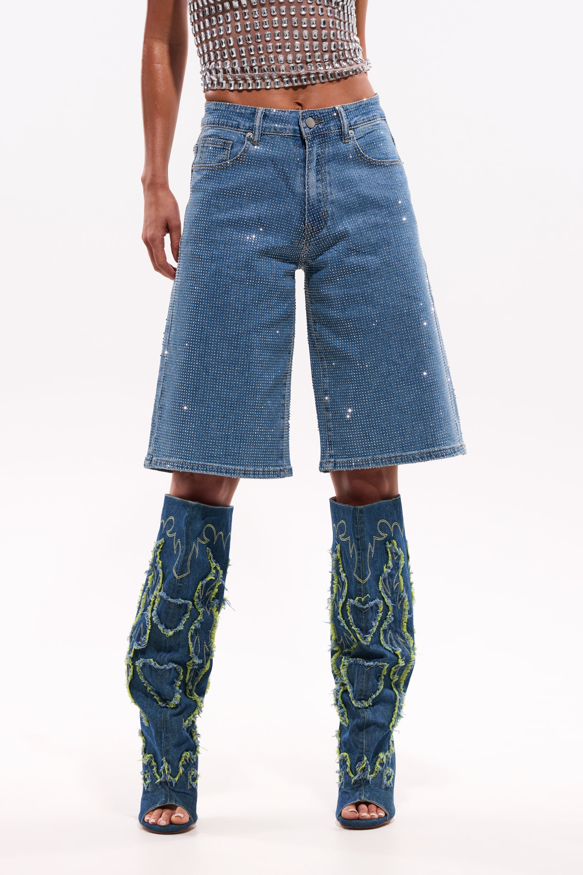 BLING BLING RHINESTONE DARK BLUE DENIM BERMUDA SHORT