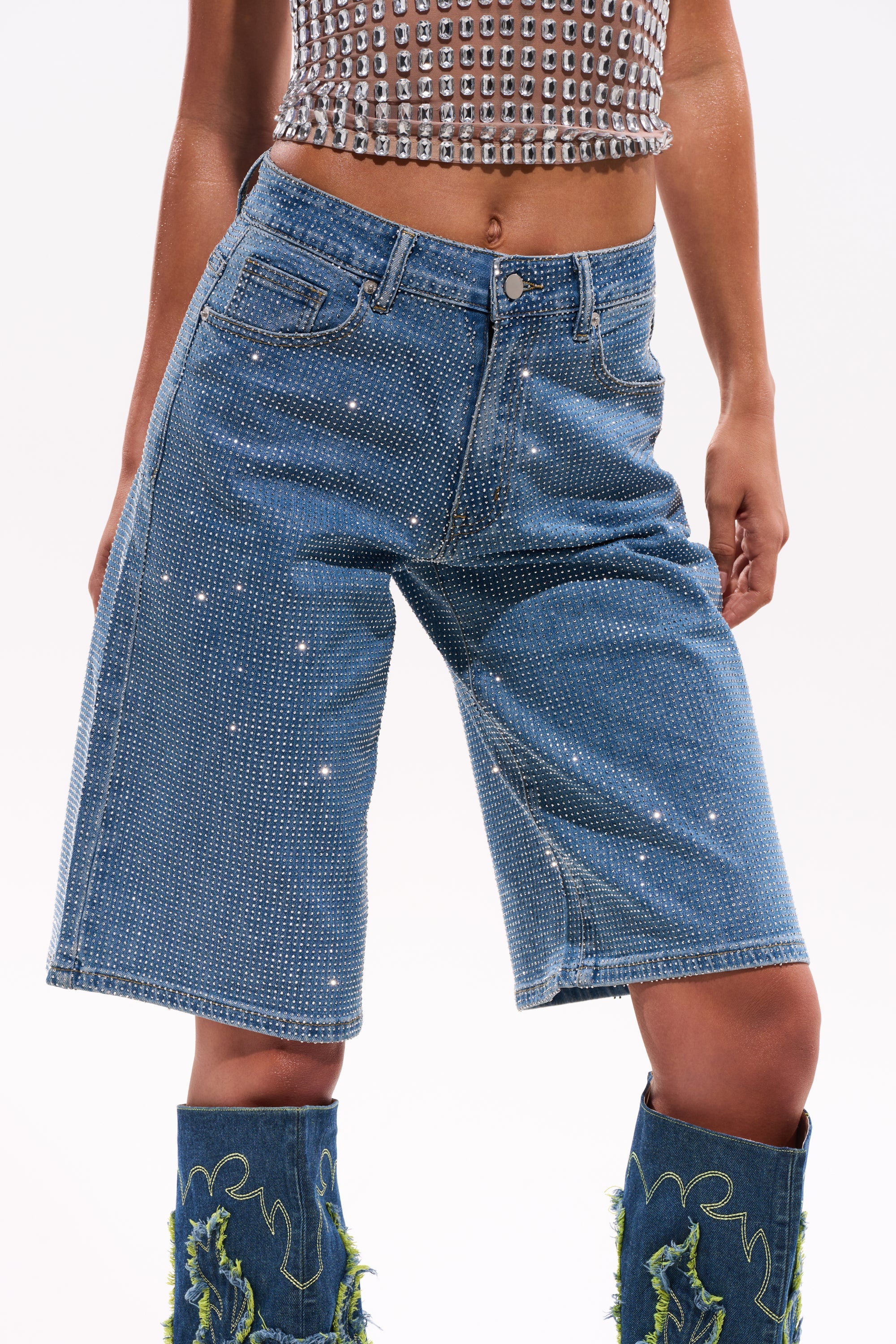 BLING BLING RHINESTONE DARK BLUE DENIM BERMUDA SHORT