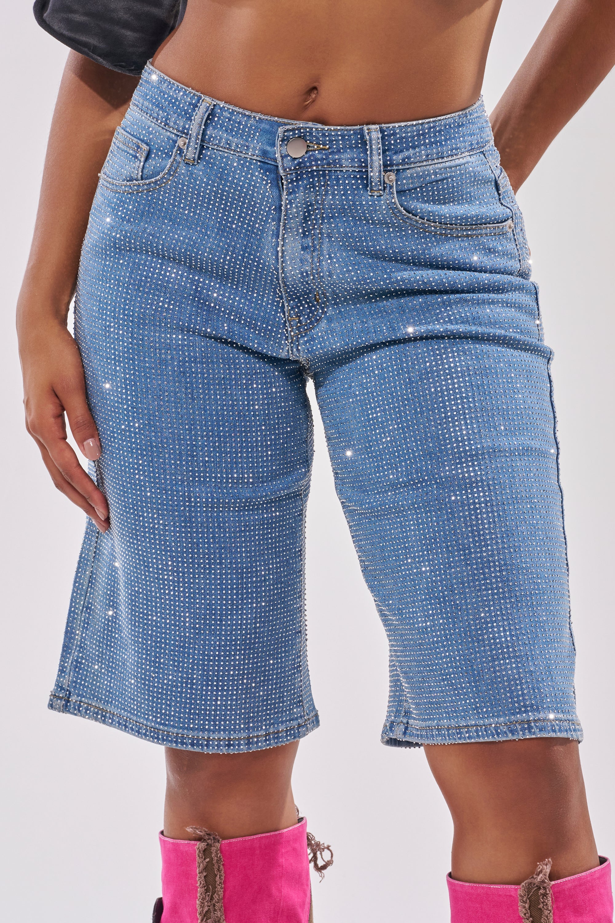 BLING BLING RHINESTONE DARK BLUE DENIM BERMUDA SHORT