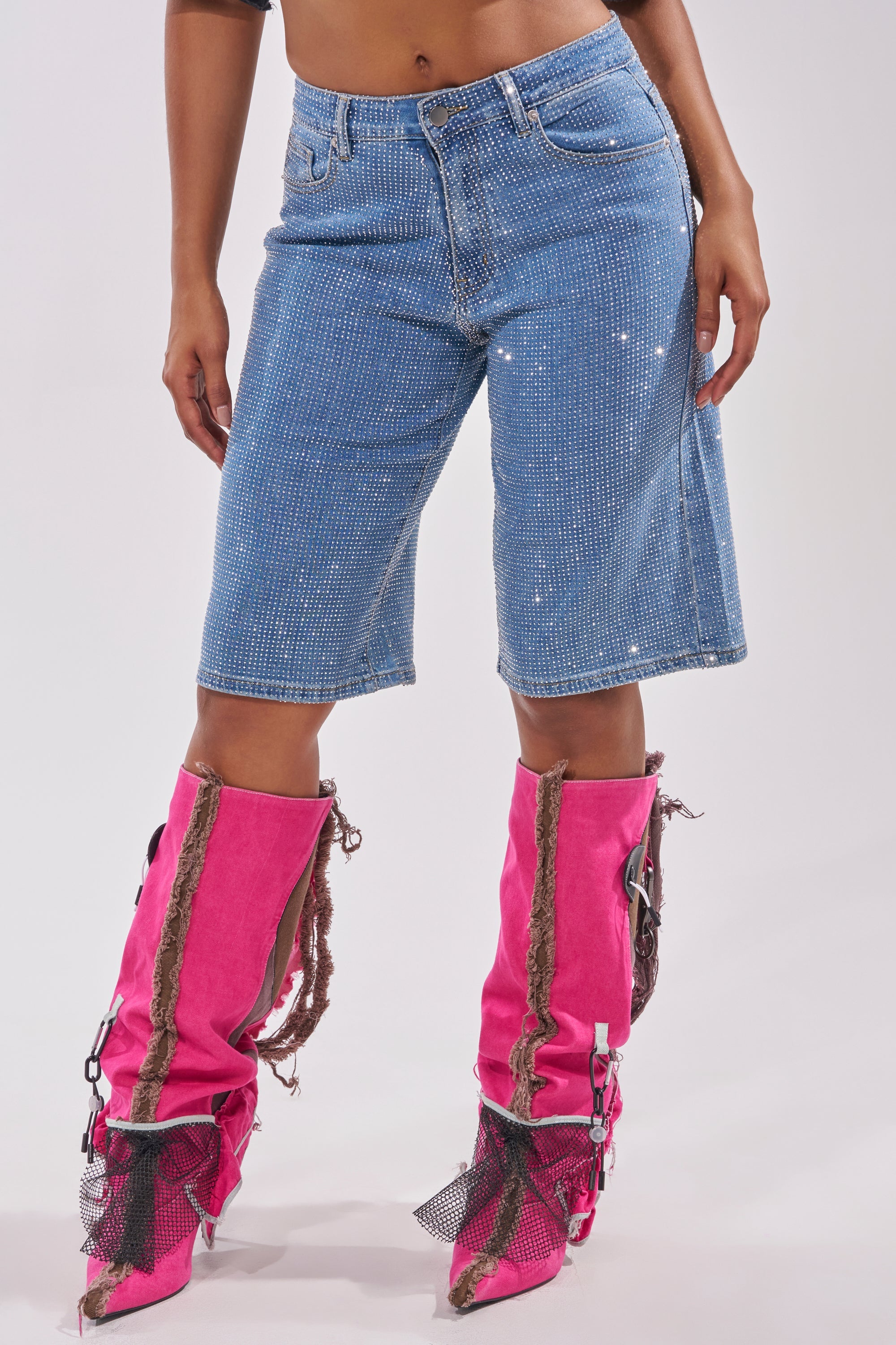 BLING BLING RHINESTONE DARK BLUE DENIM BERMUDA SHORT