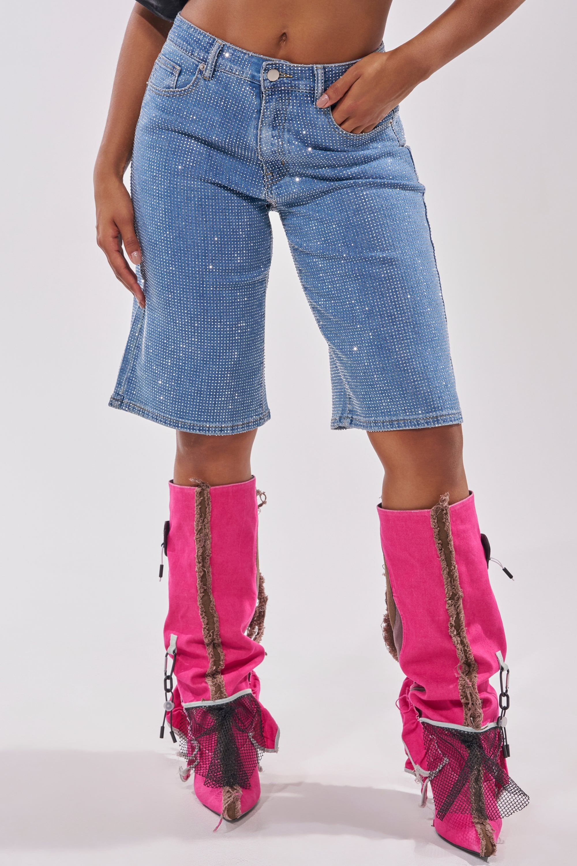 BLING BLING RHINESTONE DARK BLUE DENIM BERMUDA SHORT