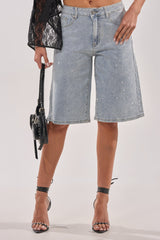 BLING BLING RHINESTONE BERMUDA SHORT IN LIGHT BLUE DENIM