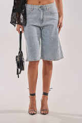 BLING BLING RHINESTONE BERMUDA SHORT IN LIGHT BLUE DENIM