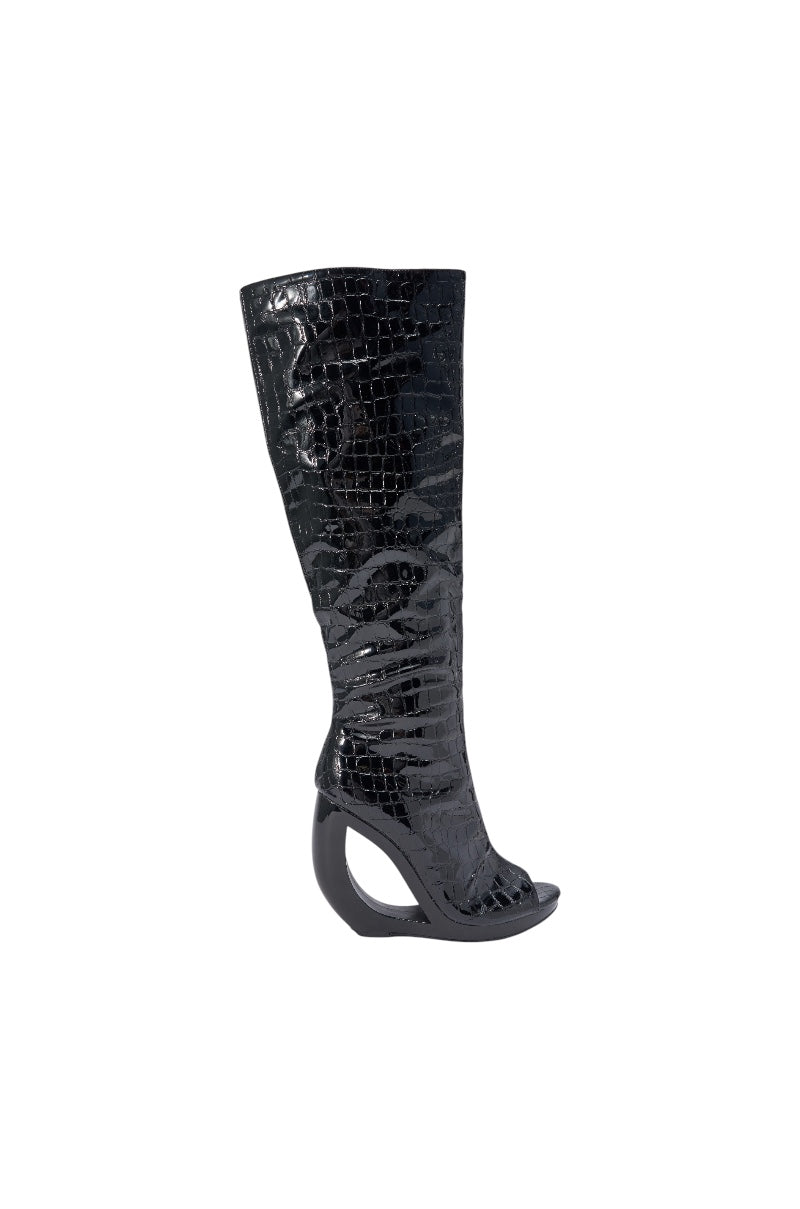 AZALEA WANG CAMILLA BLACK CROC OPEN TOE WEDGE BOOT