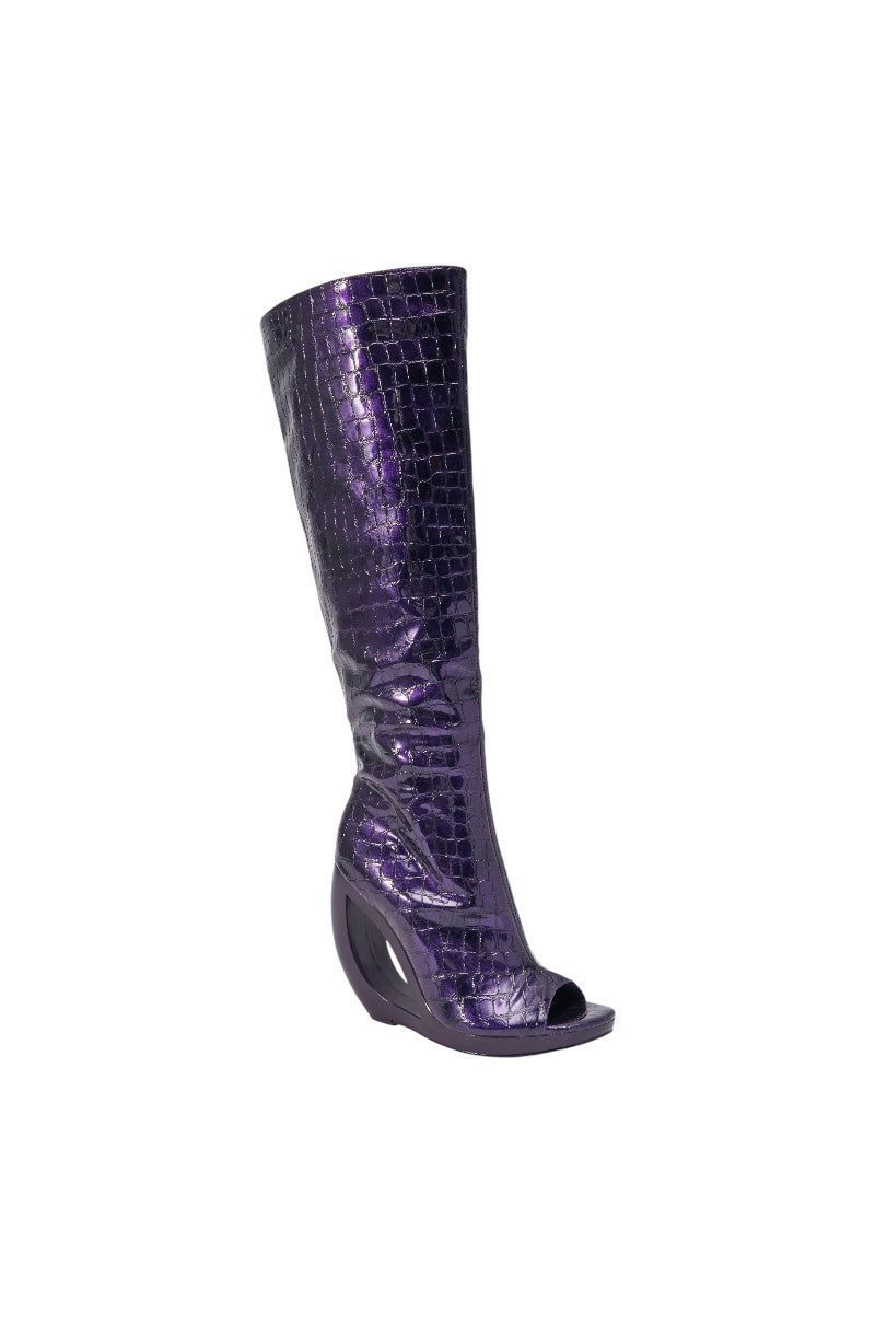 AZALEA WANG CAMILLA PURPLE NOIR CROC OPEN TOE WEDGE BOOT