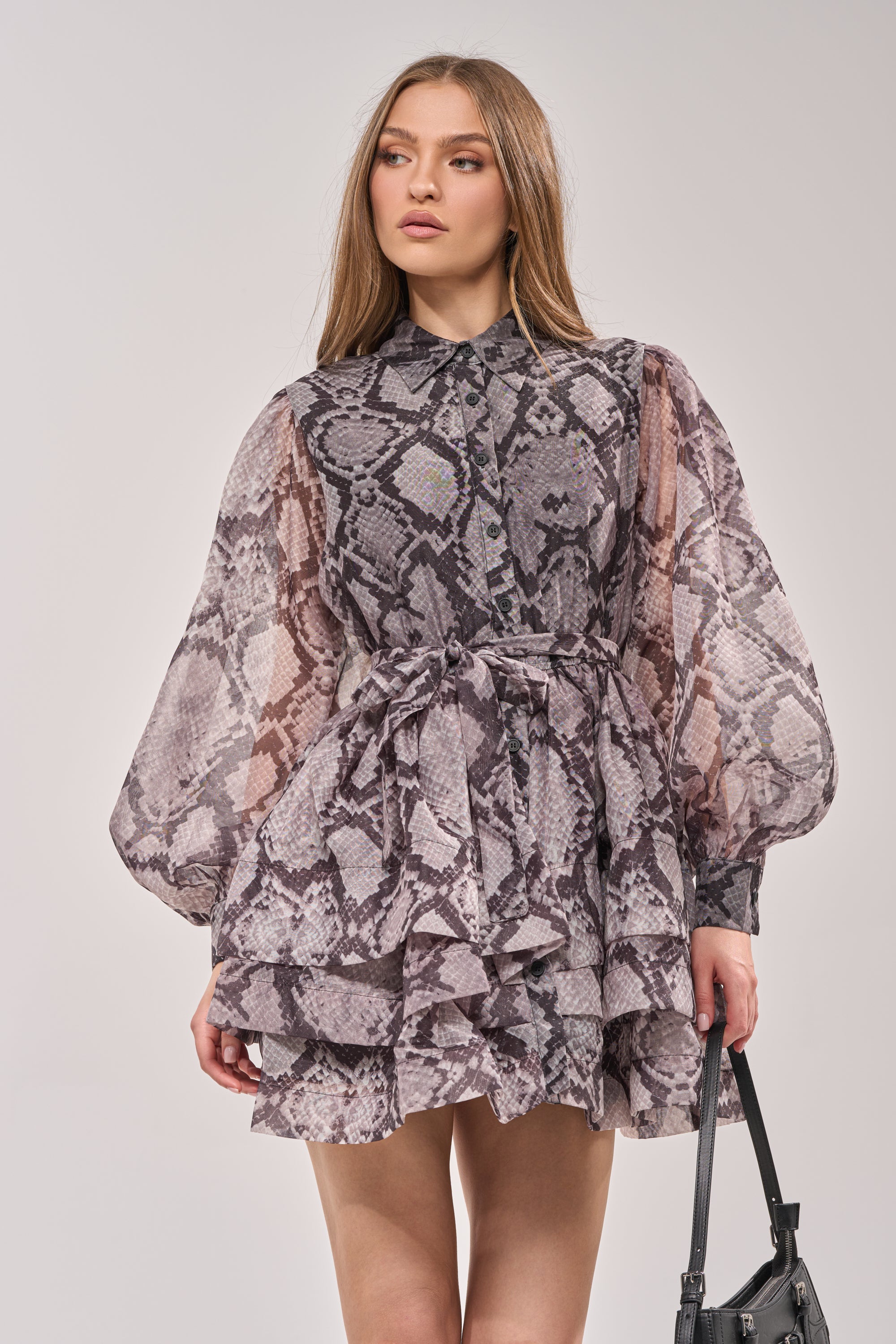IT GIRL CHIFFON RUFFLE MINI DRESS IN SNAKE