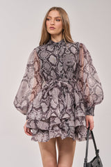 IT GIRL CHIFFON RUFFLE MINI DRESS IN SNAKE