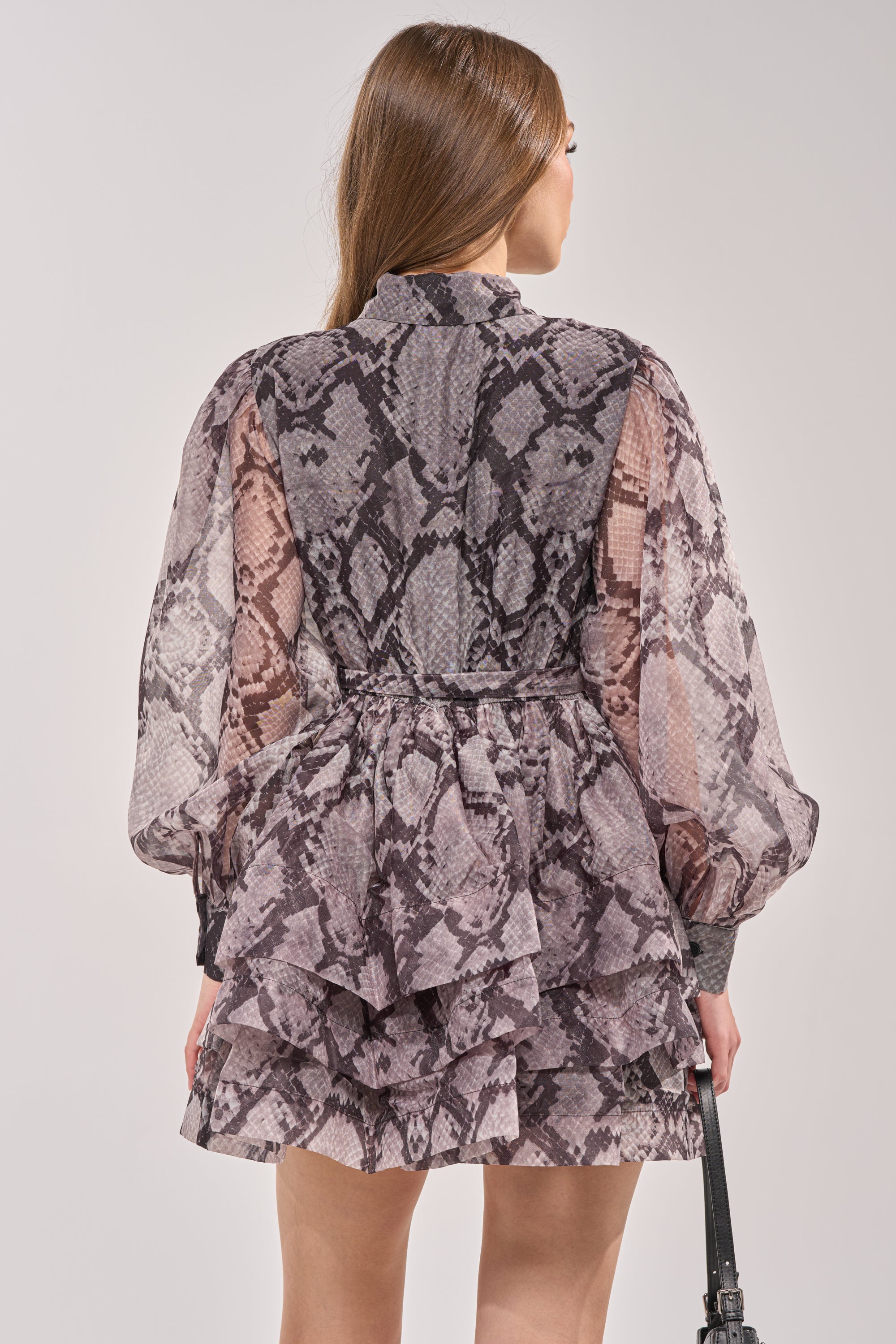 IT GIRL CHIFFON RUFFLE MINI DRESS IN SNAKE