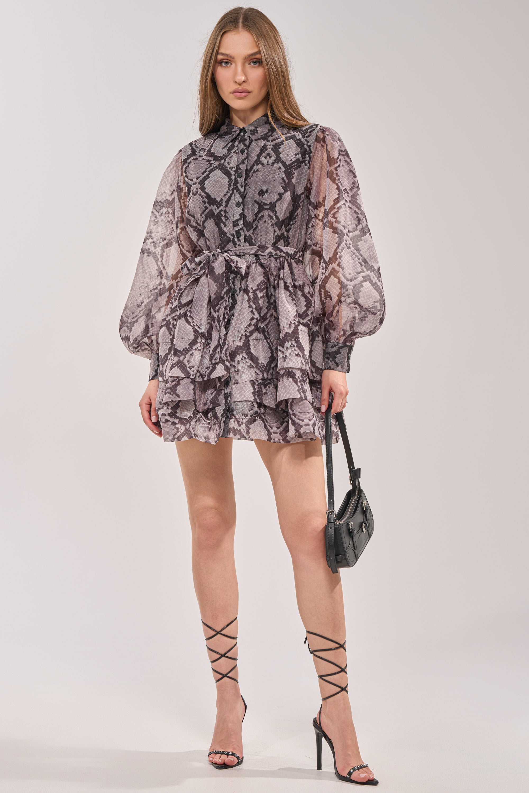 IT GIRL CHIFFON RUFFLE MINI DRESS IN SNAKE