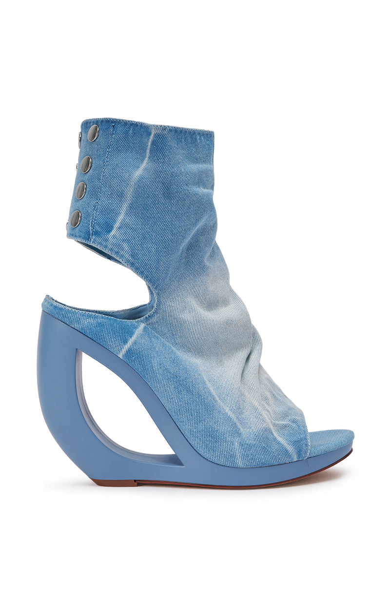 AZALEA WANG CIRCOS LIGHT DENIM WEDGE BOOTIE